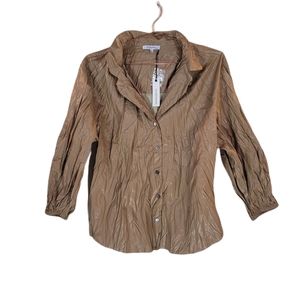 OLIVACEOUS Tan Crinkle Faux Leather Button Front Shirt Size M/L
